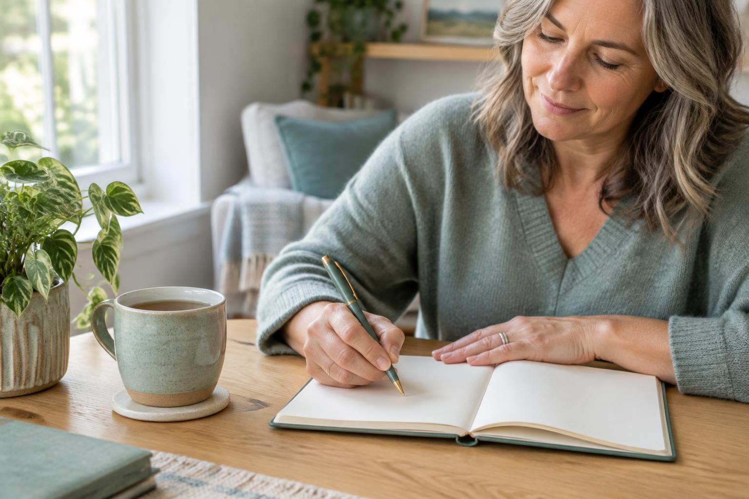 A woman writing in a notebook during a calm moment at home